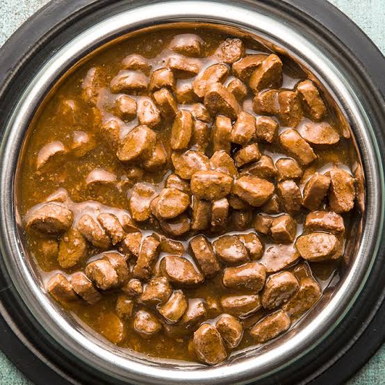 Wet cat food in chunks and gravy, served in a bowl